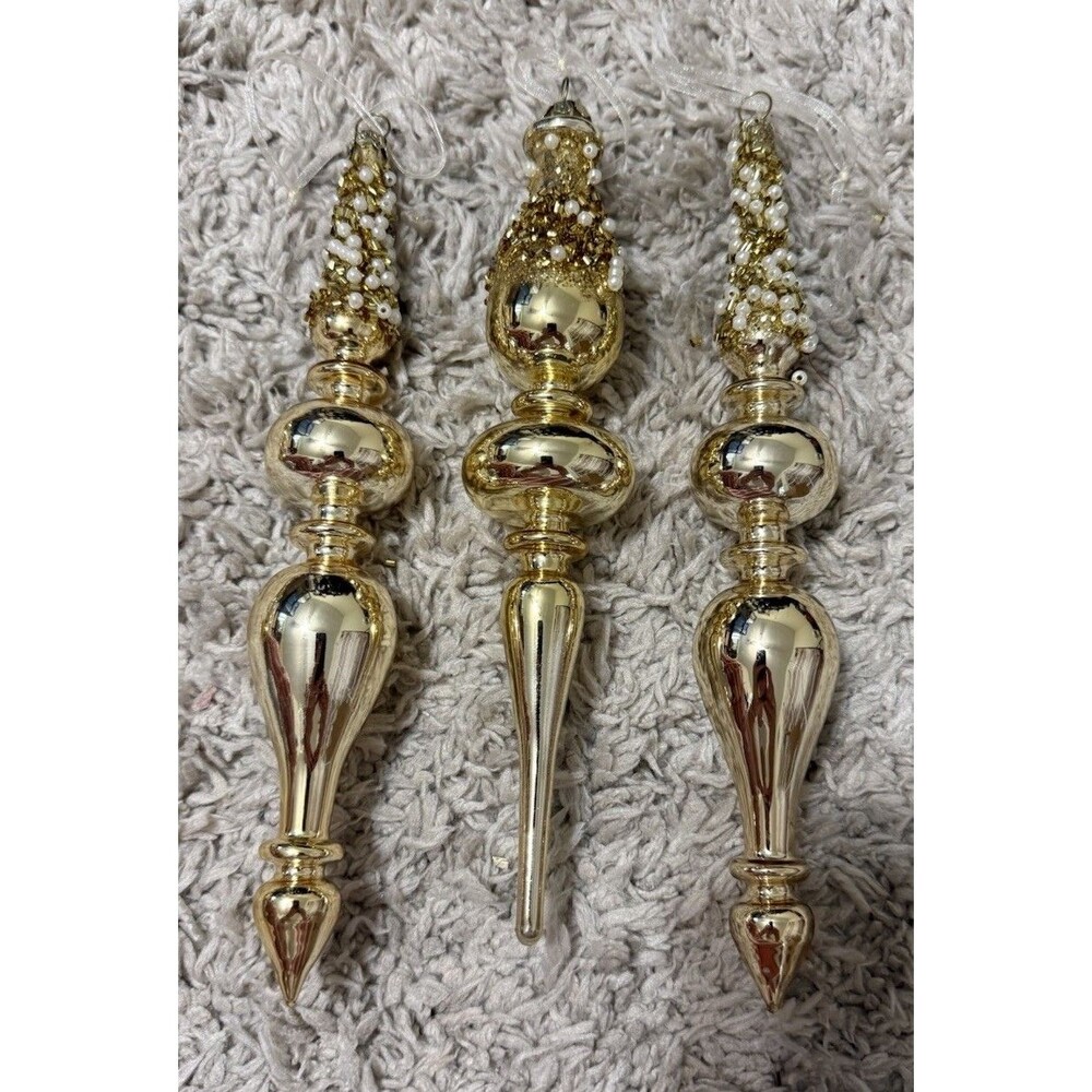 3 Large Slim Finial Gold Jeweled Ornaments 9” CHRISTMAS